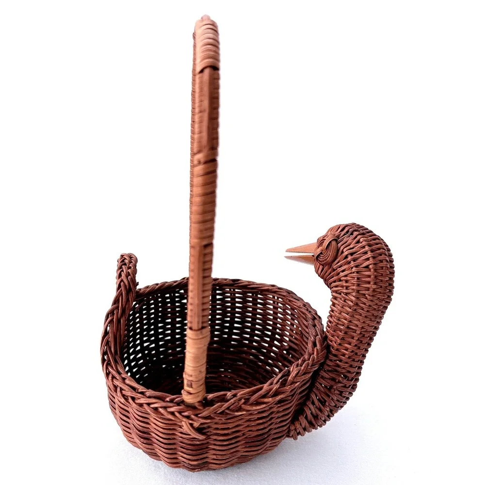 Vintage Small Brown Woven Wicker Duck Bird Basket with Handle and Wood Beak